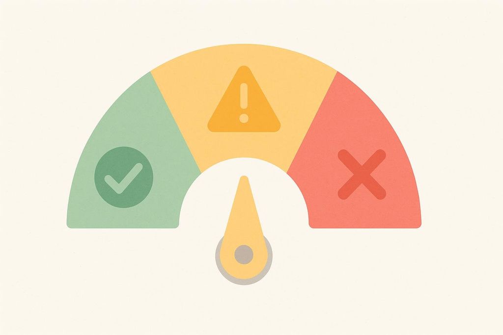 A stylized, semi-circular gauge with a needle. The gauge is divided into three sections: green (left) with a checkmark icon, yellow (middle) with a warning triangle icon, and red (right) with an 'X' icon. The needle points to the middle yellow section.