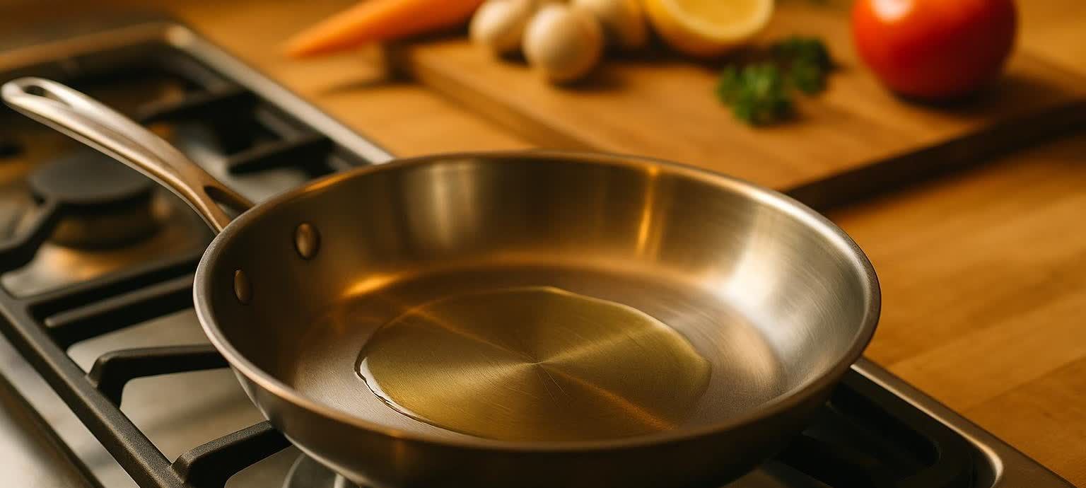 A stainless steel skillet with shimmering oil sits on a stove burner in a kitchen. In the blurred background, there are various vegetables on a wooden cutting board, including carrots, mushrooms, lemon, and a tomato.