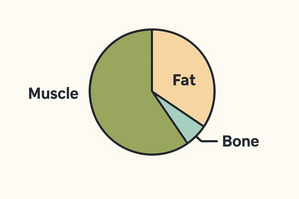 A pie chart displaying body composition, with the largest section labeled 'Muscle' (green), a medium section labeled 'Fat' (beige), and the smallest section labeled 'Bone' (light blue).