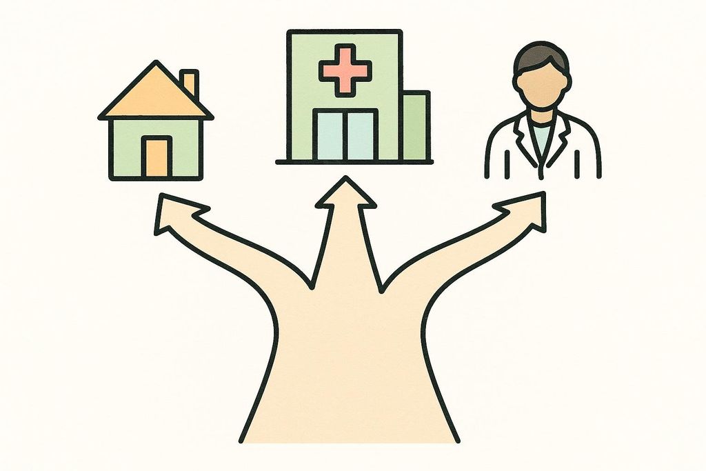 An illustration showing three paths for hormone testing: at home, at a lab/hospital, or with a clinician.