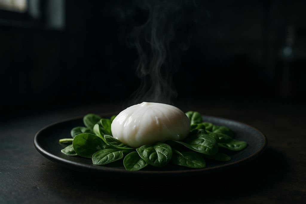 A close-up shot of a steaming, freshly poached egg resting on a bed of vibrant green spinach leaves, presented on a dark plate.