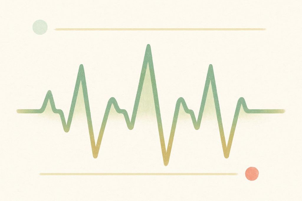 A stylized graph showing a fluctuating heart rate, represented by a green and yellow line with distinct peaks and valleys, against a light background. Two horizontal lines with a light green dot on the left and a coral dot on the right denote upper and lower limits.