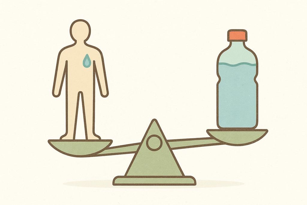 An illustration of a balance scale with a person on one side and a water bottle on the other, symbolizing fluid balance or hydration.