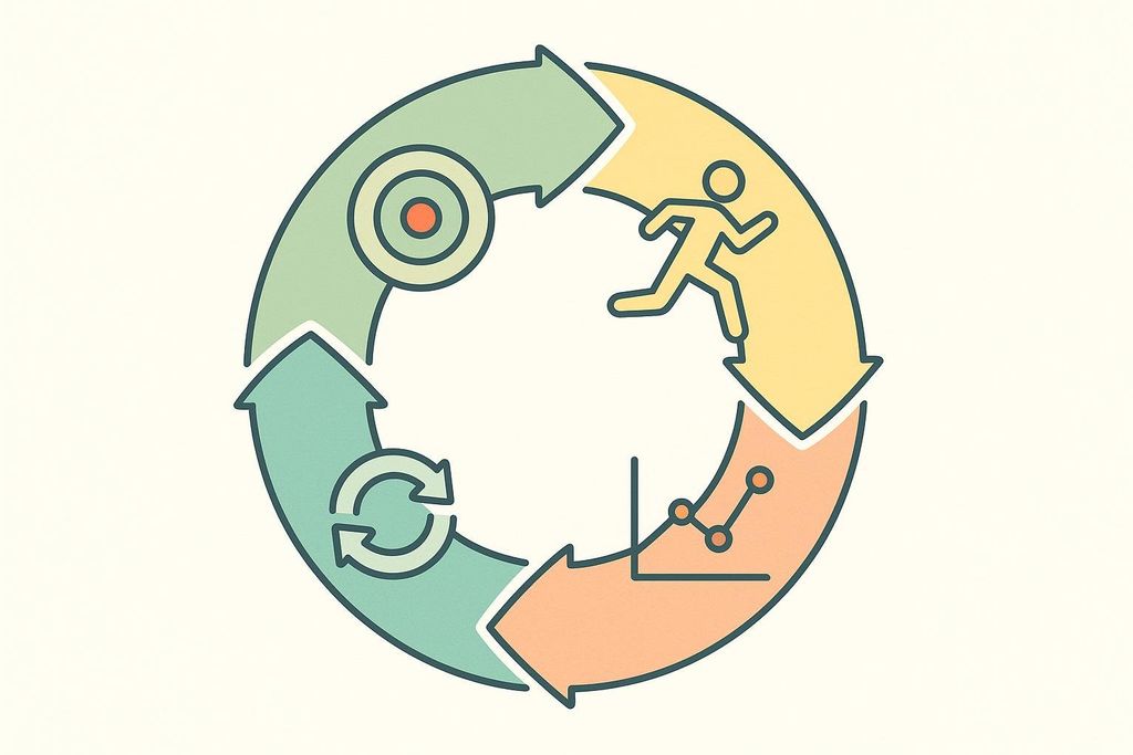A circular diagram showing the four steps of the biohacking process using icons: A target for 'Goal', a running figure for 'Act', a line graph for 'Measure', and recycling arrows for 'Iterate'.