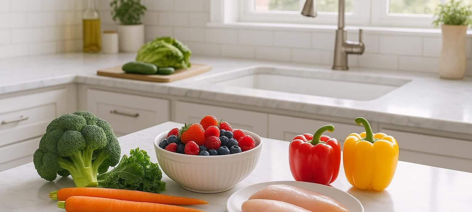 A clean kitchen counter filled with an assortment of healthy foods, including fresh berries in a bowl, raw chicken breasts, bell peppers, carrots, broccoli, and leafy greens, suggesting ingredients for a balanced diet or weight loss plan.