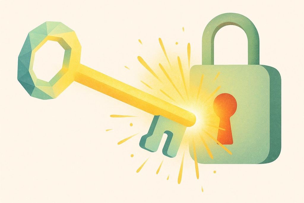 An illustration of a glowing golden key unlocking a light blue padlock, with bright yellow sparks radiating from the point of contact. This symbolizes the ACOX2 enzyme initiating thermogenesis.