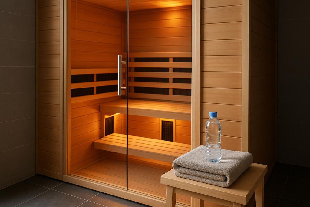 A modern infrared sauna with a glass door, showing wooden benches inside. A towel and water bottle are on a small stool next to the sauna.