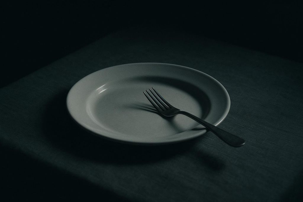 An empty white dinner plate with a single fork resting on it, placed on a dark, dimly lit tablecloth. The scene conveys a sense of anticipation or an unfulfilled meal.