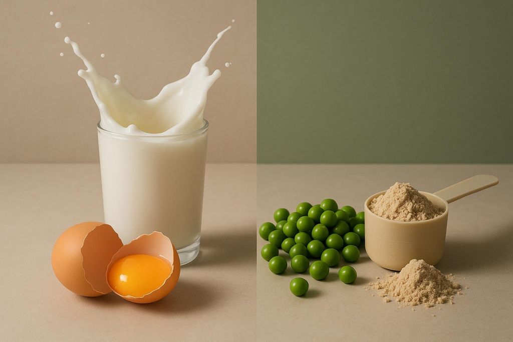 A photograph comparing animal-based protein sources (milk and eggs) with plant-based protein sources (peas and protein powder). On the left, a glass of milk with a splash and an open egg with a visible yolk. On the right, green pea-shaped candies and a scoop of protein powder.
