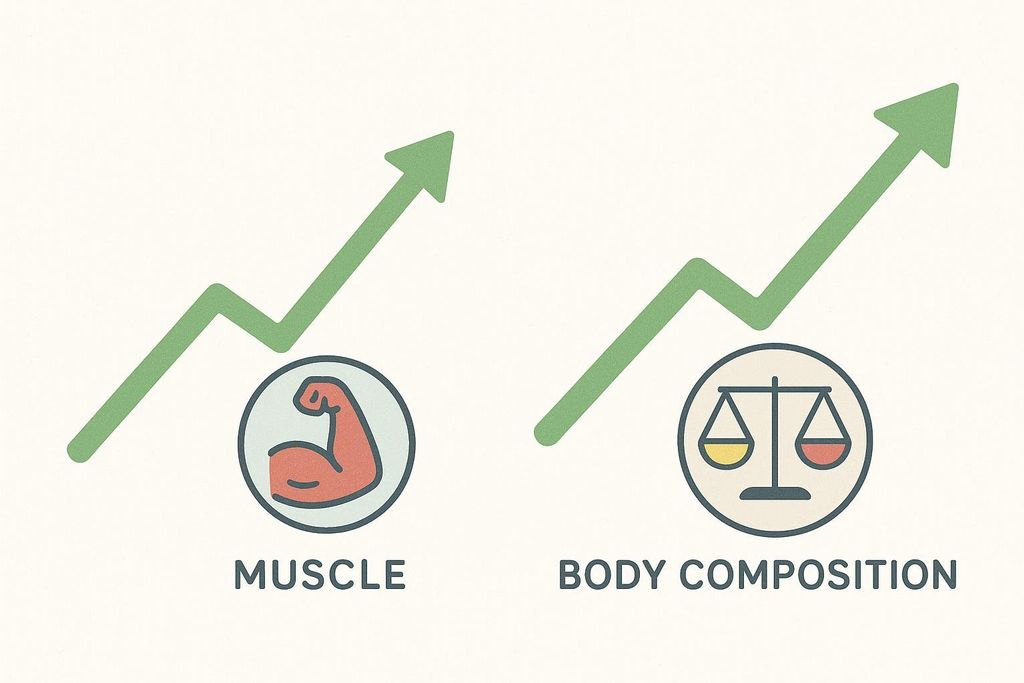 Illustration showing upward trending arrows over icons representing muscle and body composition.