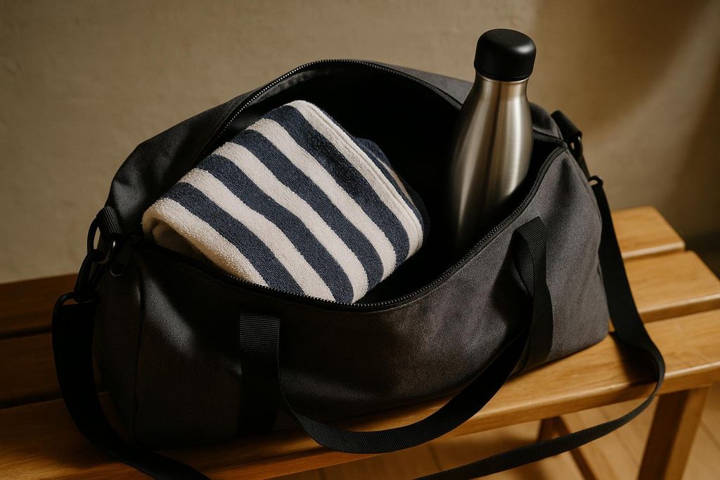 A dark gray gym bag containing a folded white and blue striped towel and a silver water bottle. The bag sits on a light wooden bench, ready for a workout.