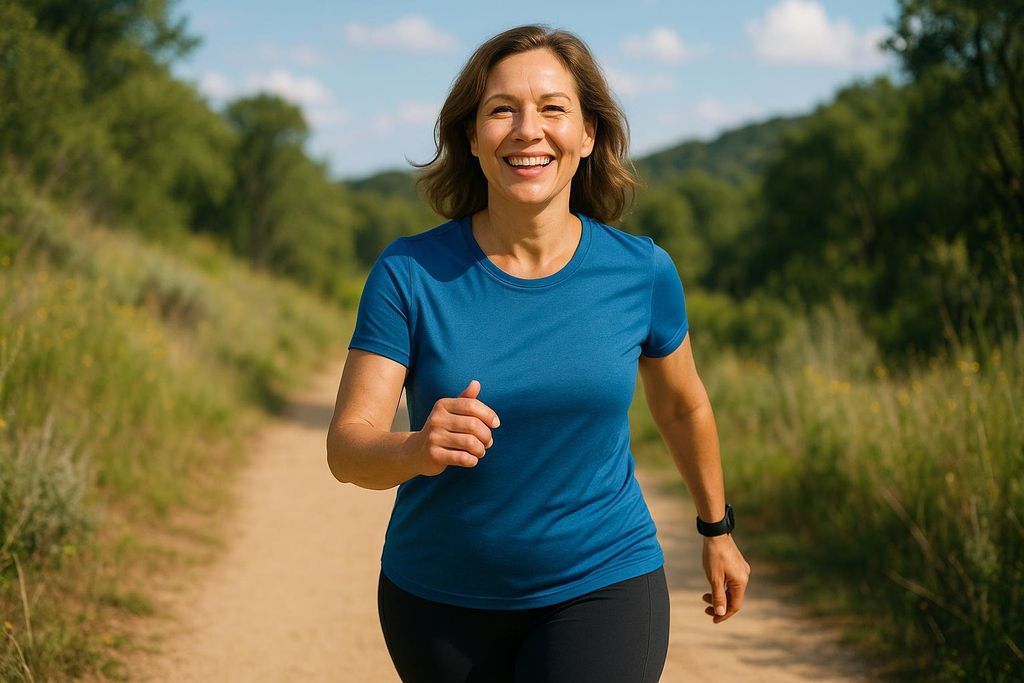 A happy woman with a bright smile runs on a dirt path in a sunny park, wearing a blue t-shirt and black pants with a fitness tracker on her left wrist. Green trees and tall grasses line the path in the background.