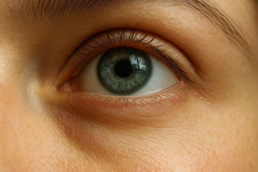 A close-up of a human eye with a blue iris, surrounded by skin and eyelashes. A reflection of a window is visible in the pupil.