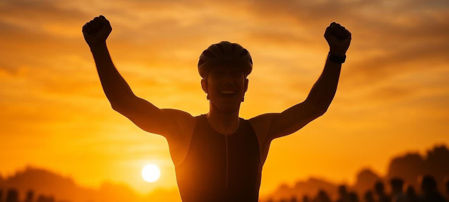 A silhouetted triathlete celebrates with arms raised against a vibrant orange sunrise, embodying triumph after completing an Ironman.