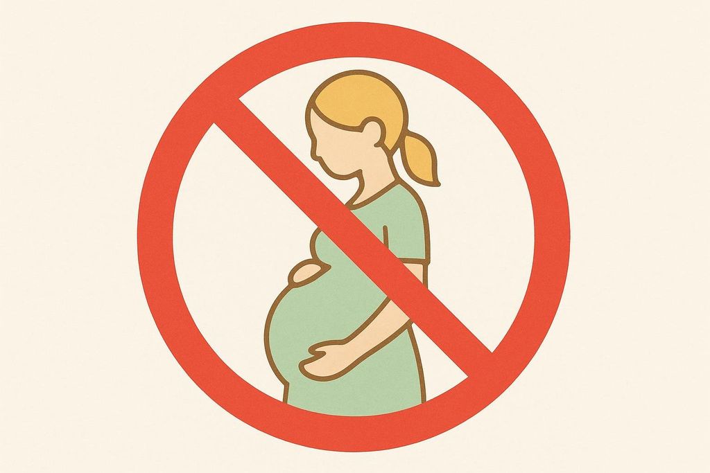 A red prohibition sign with a diagonal line through it, overlaying a simplified graphic of a pregnant woman. The woman has light skin, blonde hair tied in a ponytail, and wears a light green dress, holding her belly.