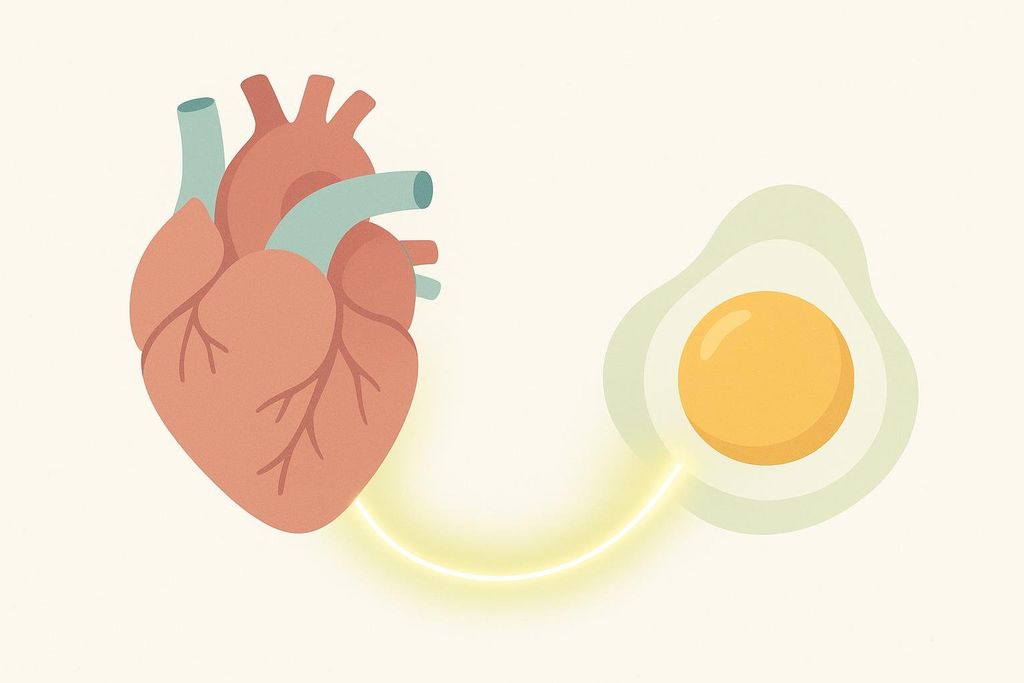 A stylized graphic shows a human heart on the left connected by a yellow glowing line to a fried egg (yolk prominent) on the right, suggesting a link between egg yolks and heart health.