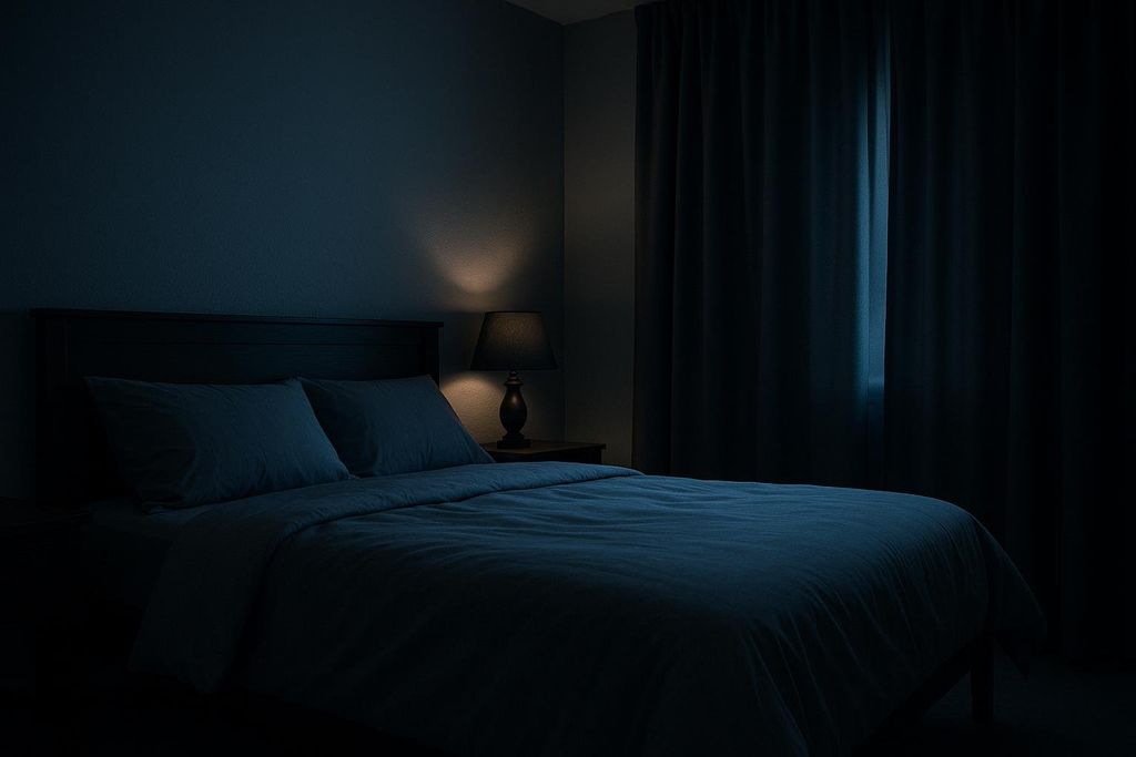 A dimly lit bedroom with dark blue walls, bedding, and curtains. A small lamp on a bedside table casts a warm glow behind the bed.