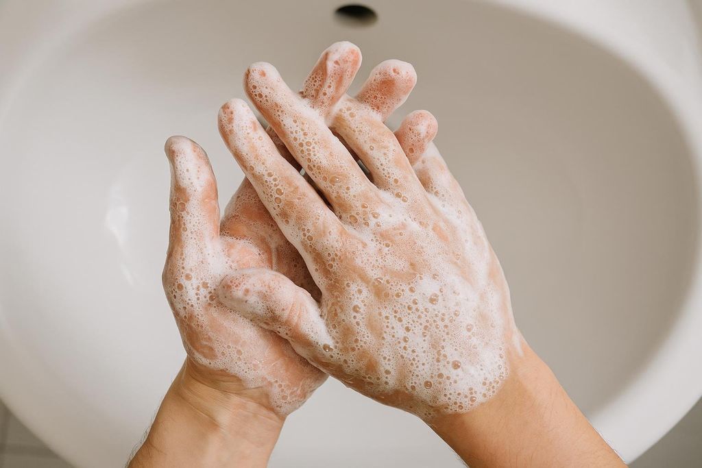 A close-up, overhead view of hands covered in white soap suds, being thoroughly washed over a white sink.