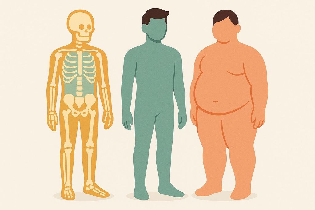 An illustration showing three human figures: one with bones visible, representing bone mass; a lean silhouette, representing lean tissue; and a rounded, soft silhouette, representing fat tissue.
