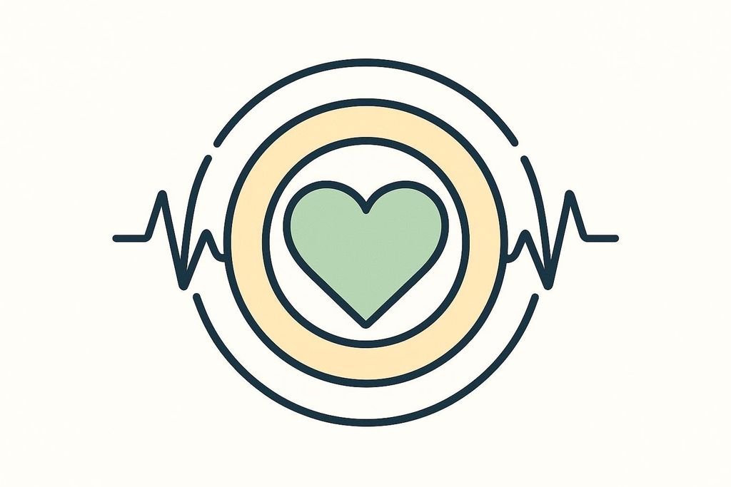 Stylized illustration of a heart with light green fill, surrounded by two circular rings, one yellow and one dark blue. A dark blue wavy line representing a pulse or heartbeat runs horizontally through the center of the rings and heart.