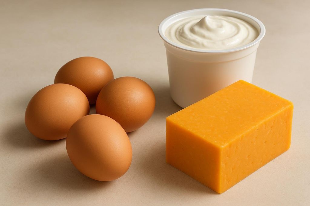 Four brown eggs arranged on the left side of the frame, with a white container of yogurt in the background and a block of cheddar cheese in the foreground on the right.
