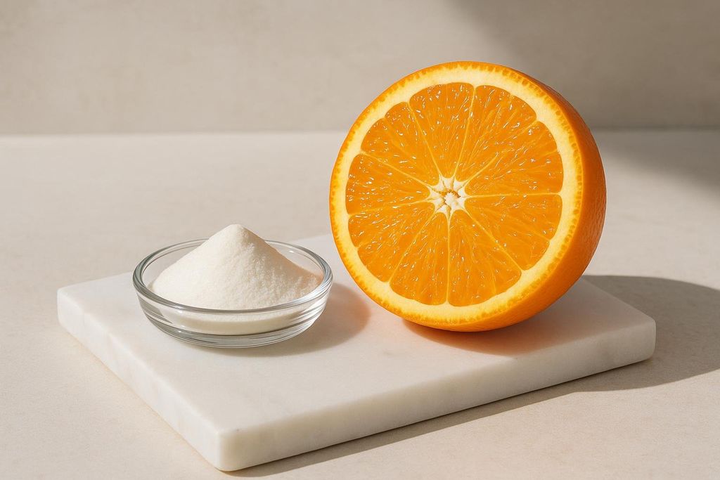 A vibrant orange half with its fleshy segments clearly visible, placed next to a small glass dish filled with a white powdered substance, likely Vitamin C, on a white marble slab. The scene is brightly lit with strong shadows.