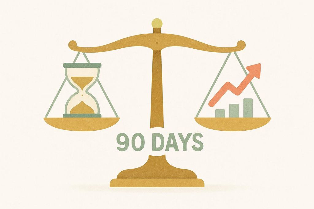  Illustration of a balanced scale with an hourglass on one side and a bar graph with an upward arrow on the other side, representing the value of 90 days for transformation.