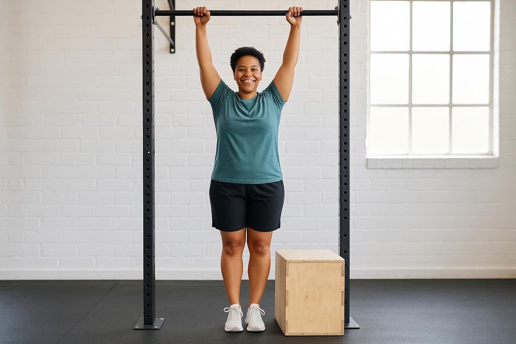 A smiling woman performing an assisted hang on a pull-up bar, with her feet on a wooden box for support. She is wearing a teal t-shirt, black shorts, and white athletic shoes, in a gym setting with white brick walls.