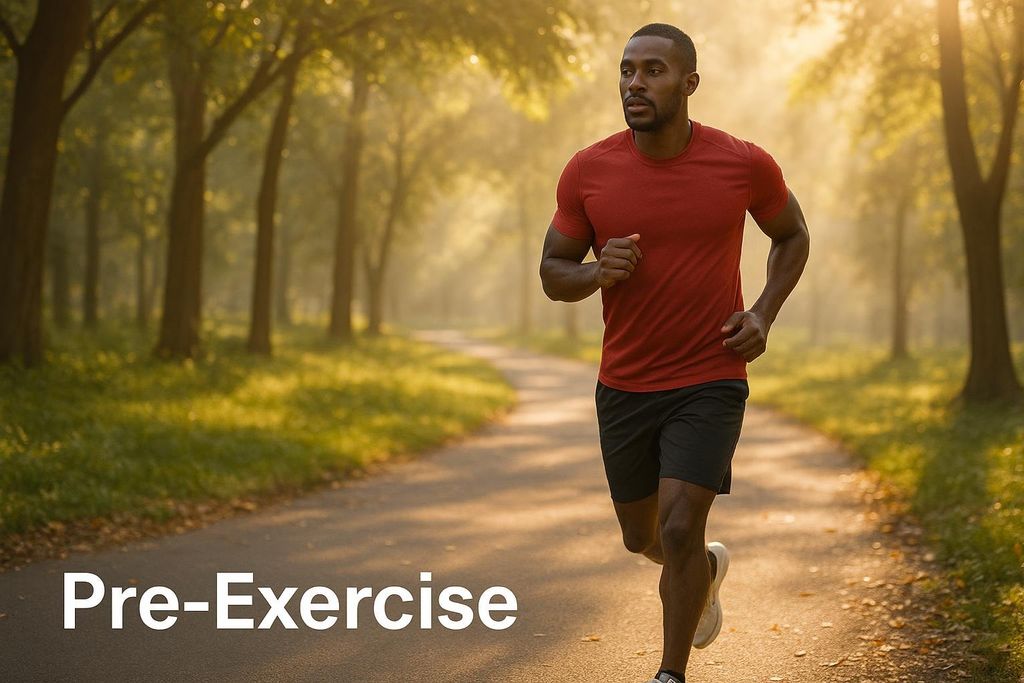 A man in a red t-shirt and black shorts jogging on a paved path in a park with text overlay 'Pre-Exercise'.