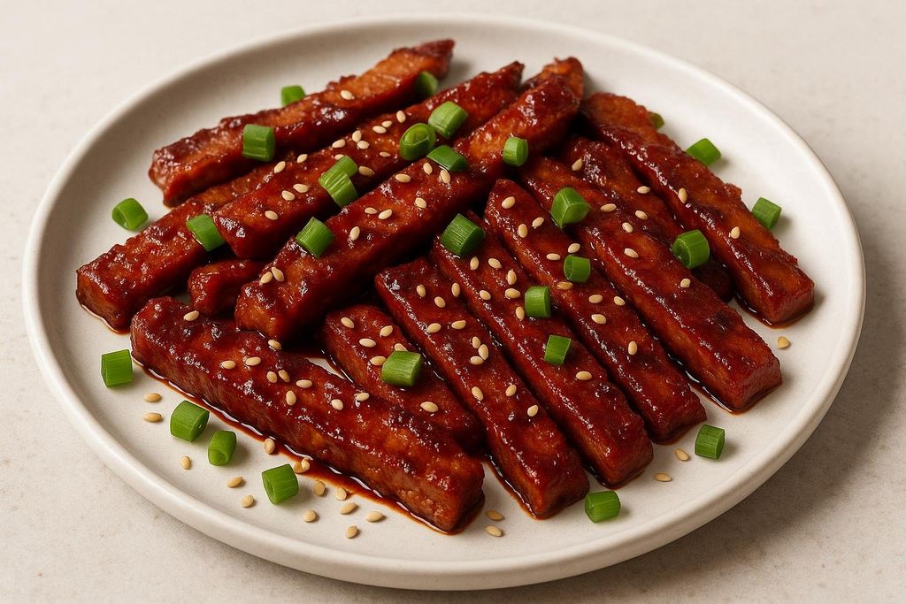 Close-up shot of Korean BBQ glazed seitan with sesame seeds and chopped green onions on a white plate. The seitan pieces are rectangular and coated in a dark, glossy sauce.