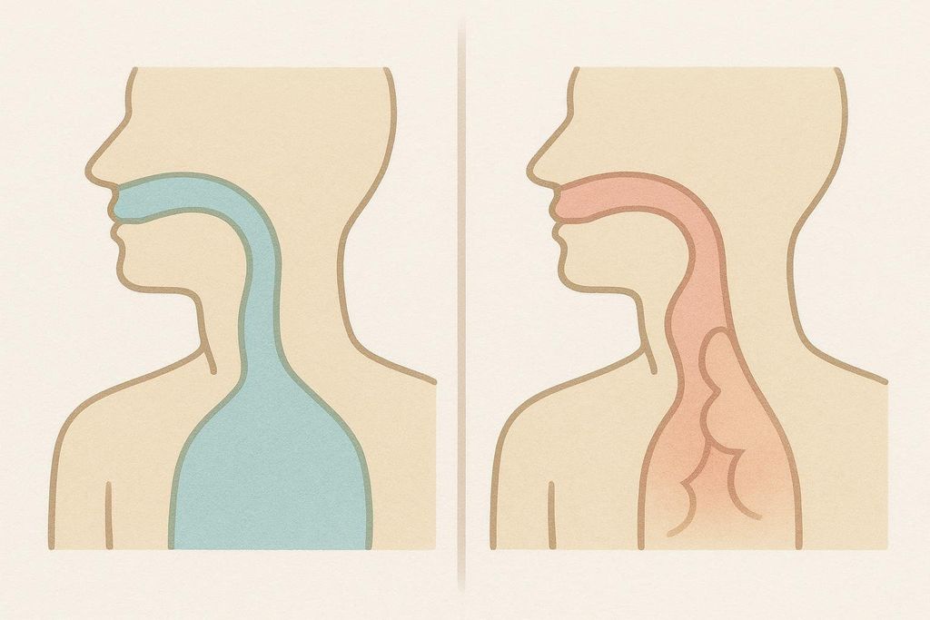 An illustration comparing a healthy, wide-open airway on the left (blue) with a narrow, constricted airway on the right (red) that simulates sleep apnea.