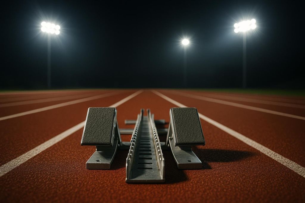 Close-up of track and field starting blocks on a red running track at night, illuminated by bright stadium lights in the background.