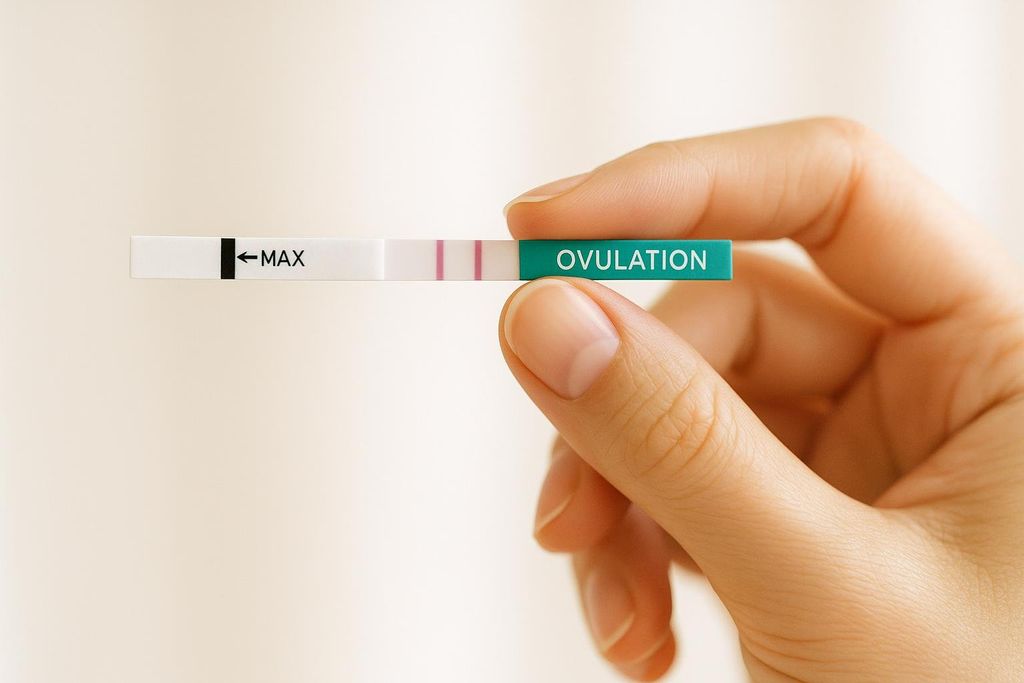 A hand holding a positive ovulation test strip, showing two pink lines indicating a positive result. The strip is labeled 'OVULATION' on the right side and has an arrow pointing to 'MAX' on the left.