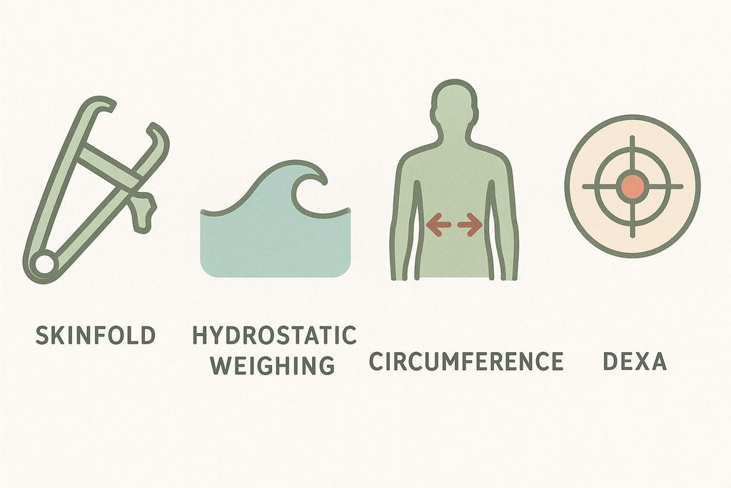 Icons for different body fat measurement methods, including skinfold calipers, hydrostatic weighing represented by a wave, circumference measurement on a body outline, and DEXA represented by a target symbol.