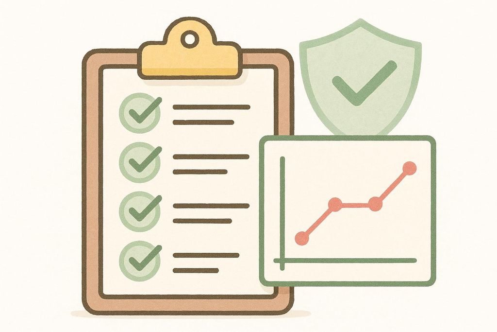 An illustration showing a clipboard with a checklist having all items checked, a shield with a checkmark, and a small line graph showing upward growth. This symbolizes quality assurance, successful completion, and progress.