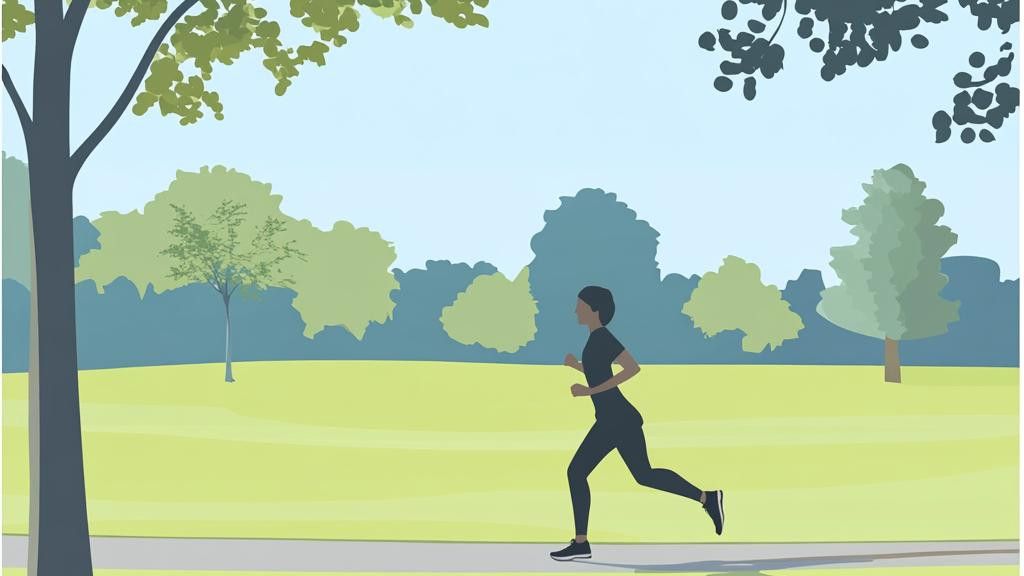 An illustration of a person in black workout clothes jogging on a path in a park with green trees and a blue sky.