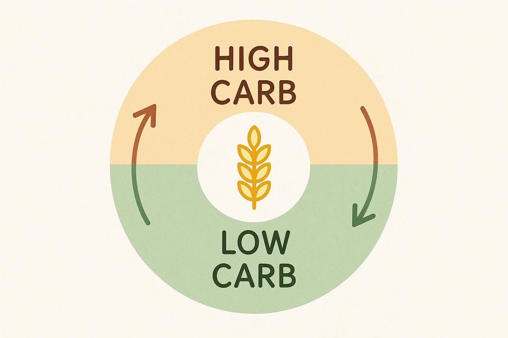 An illustration of a cycle diagram with "High Carb" written in the upper peach-colored half and "Low Carb" written in the lower green half. Arrows show the transition from high carb to low carb, and back again, representing carb cycling. A yellow wheat stalk icon is in the center.