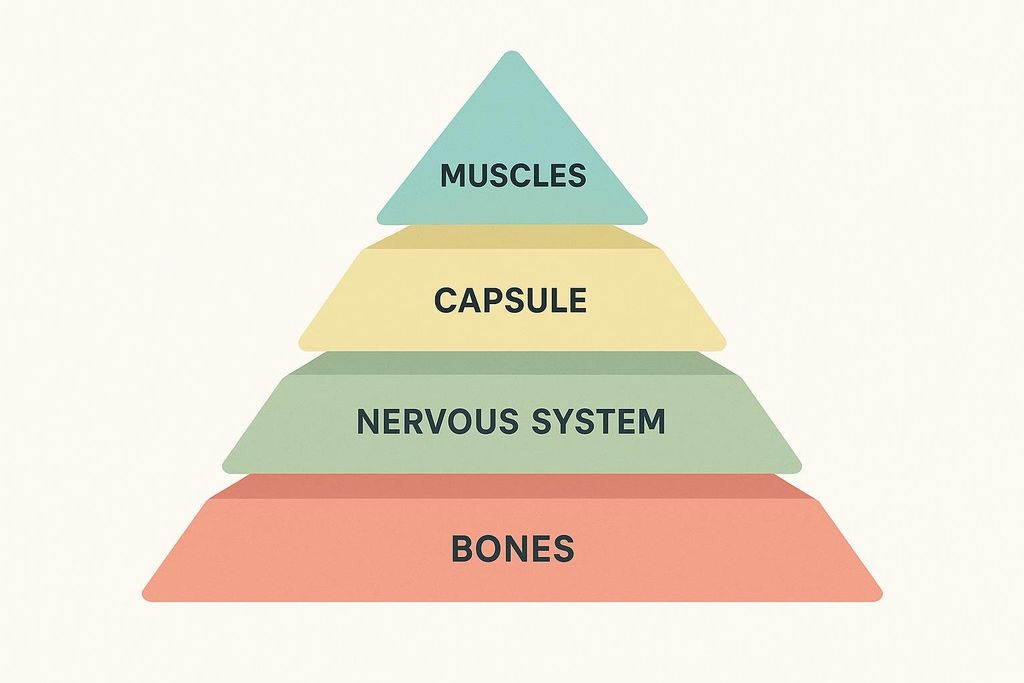 A colorful pyramid diagram displaying four layers of hip restriction from top to bottom: Muscles, Capsule, Nervous System, and Bones.