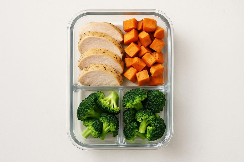 A clear glass meal prep container divided into three sections, filled with sliced chicken breast, cubed sweet potatoes, and broccoli florets.