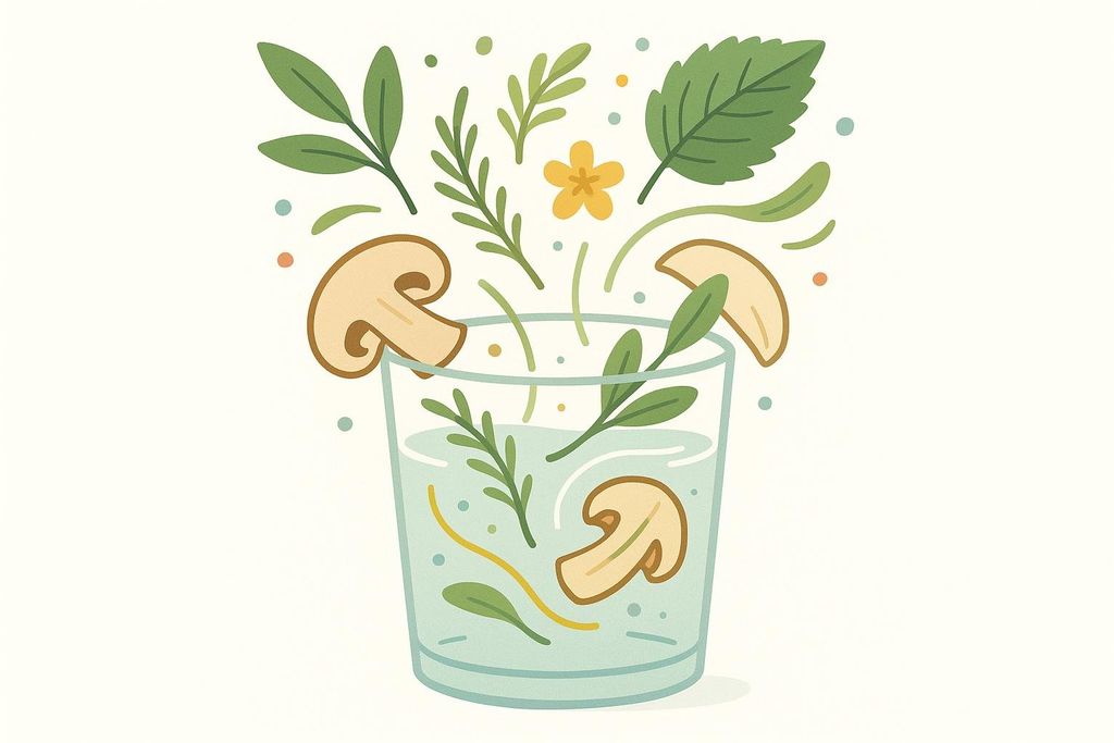 An illustration showing various herbs, mushrooms, and a small yellow flower infusing into a glass of water. Ingredients like rosemary, mint, and sliced mushrooms are shown both floating above the glass, as if falling in, and submerged within the water.