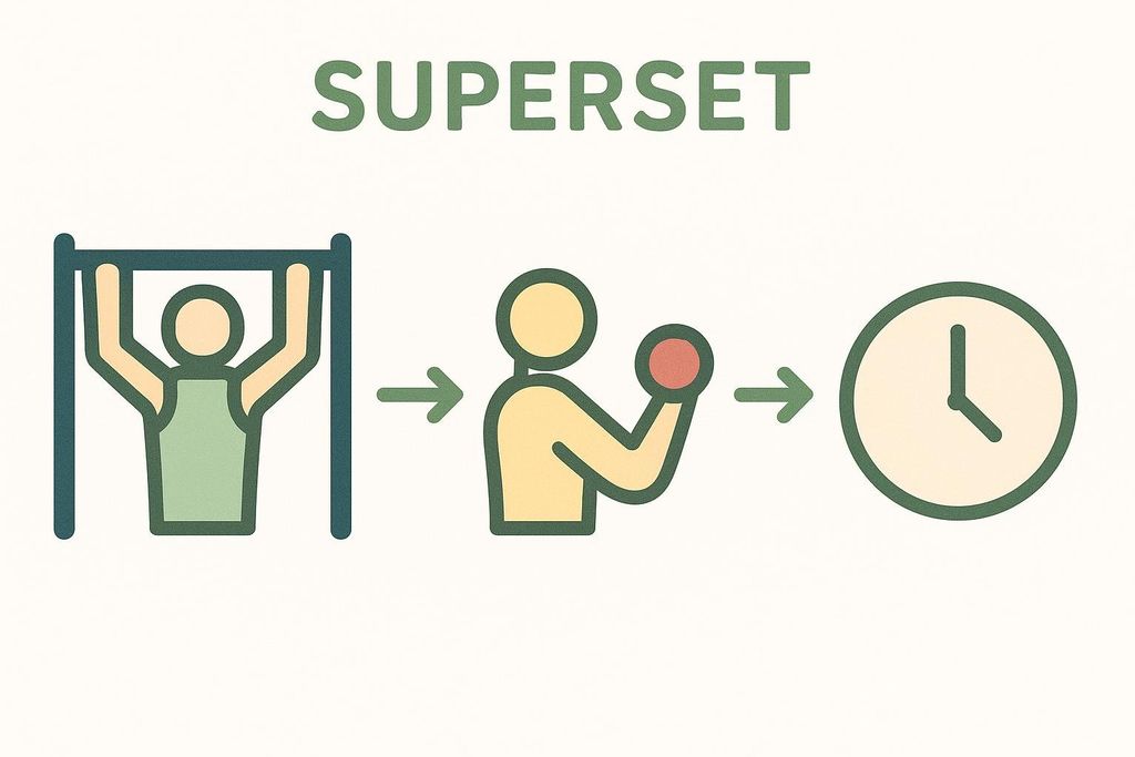 Infographic showing a person doing pull-ups, then a person doing bicep curls with a dumbbell, followed by a clock icon. The title "SUPERSET" is at the top. It visually explains performing two exercises back-to-back before resting.