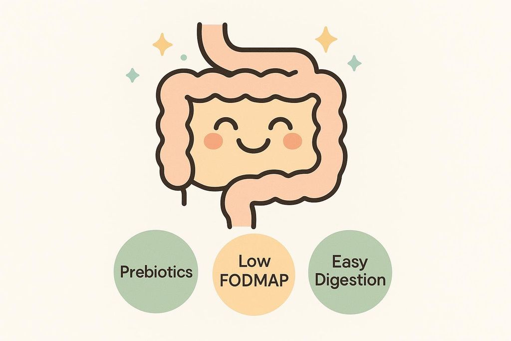 Illustration of a healthy digestive tract with badges for Prebiotics, Low FODMAP, and Easy Digestion