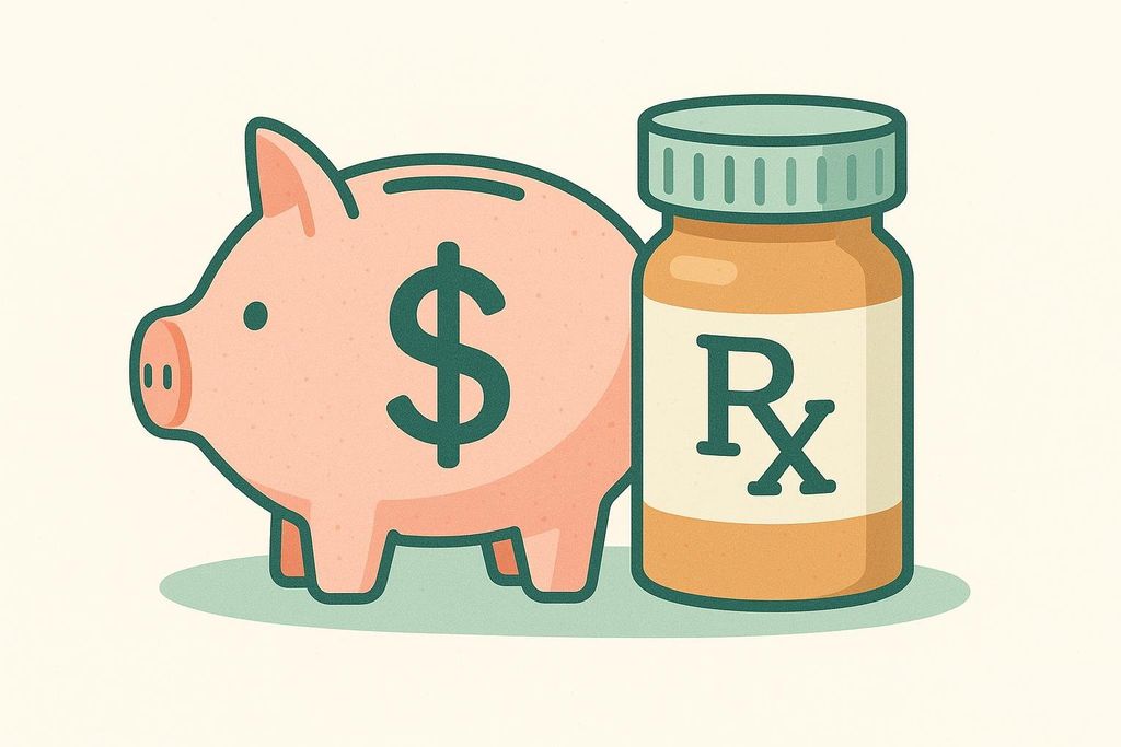 Illustration of a piggy bank with a dollar sign on its side next to a prescription bottle with the Rx symbol. This represents the cost and savings programs for Qsymia.