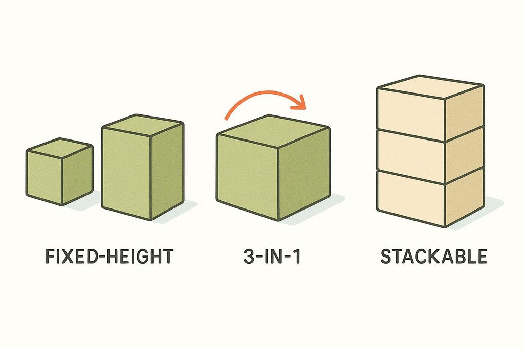Illustration comparing fixed-height, 3-in-1, and stackable plyo box designs. Fixed-height shows two boxes of different sizes. 3-in-1 shows one box with an arrow indicating it can be rotated. Stackable shows three boxes stacked on top of each other.