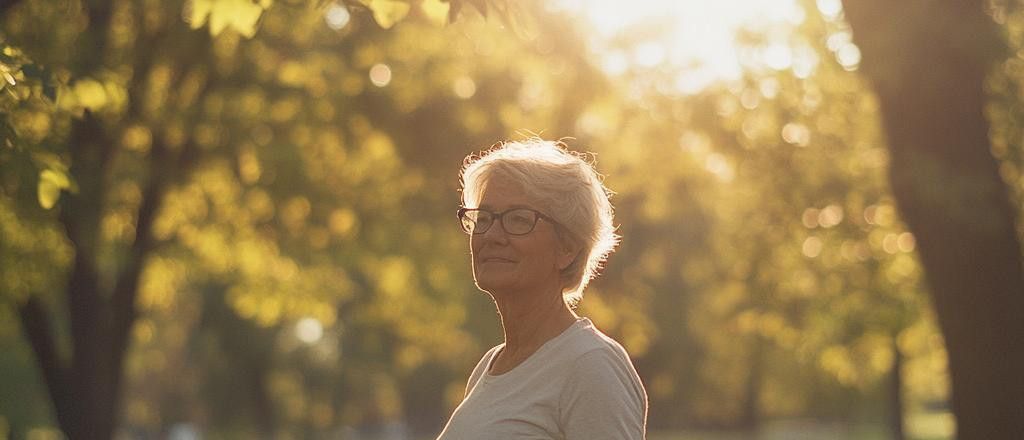 An older woman with short gray hair and glasses looks up towards the sunlight in a park.