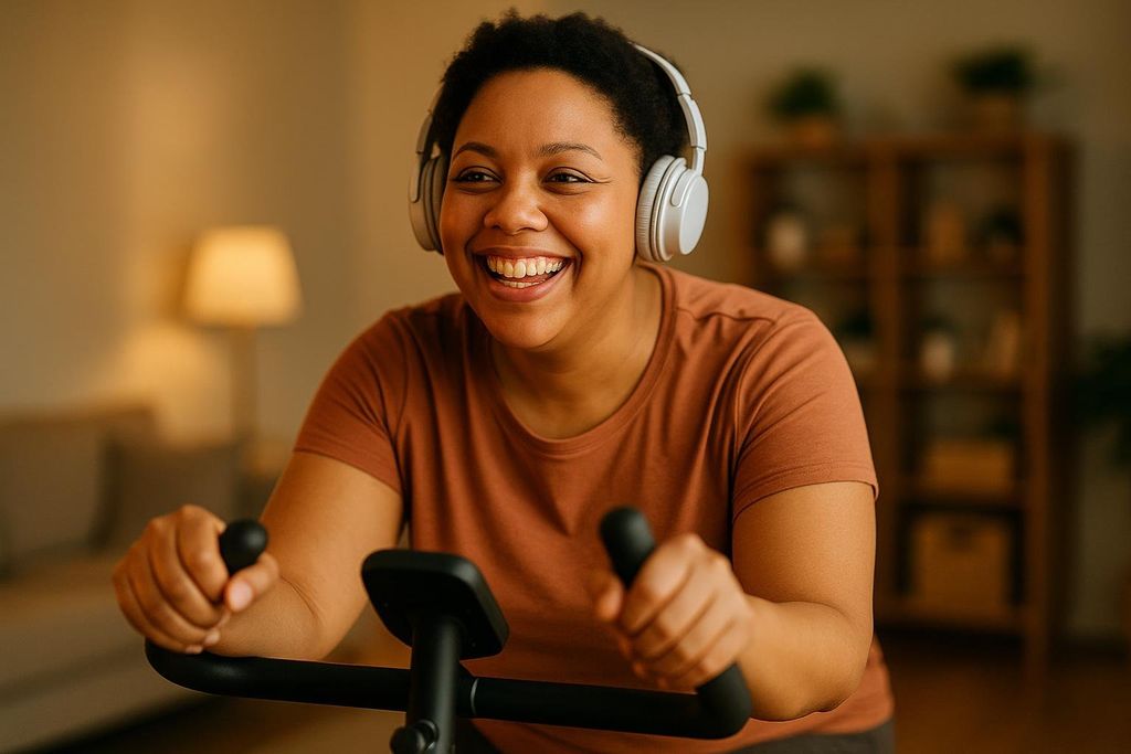 A smiling woman with headphones on rides a stationary bike indoors. She appears happy and engaged, possibly listening to music or a podcast. The background is a softly lit room.