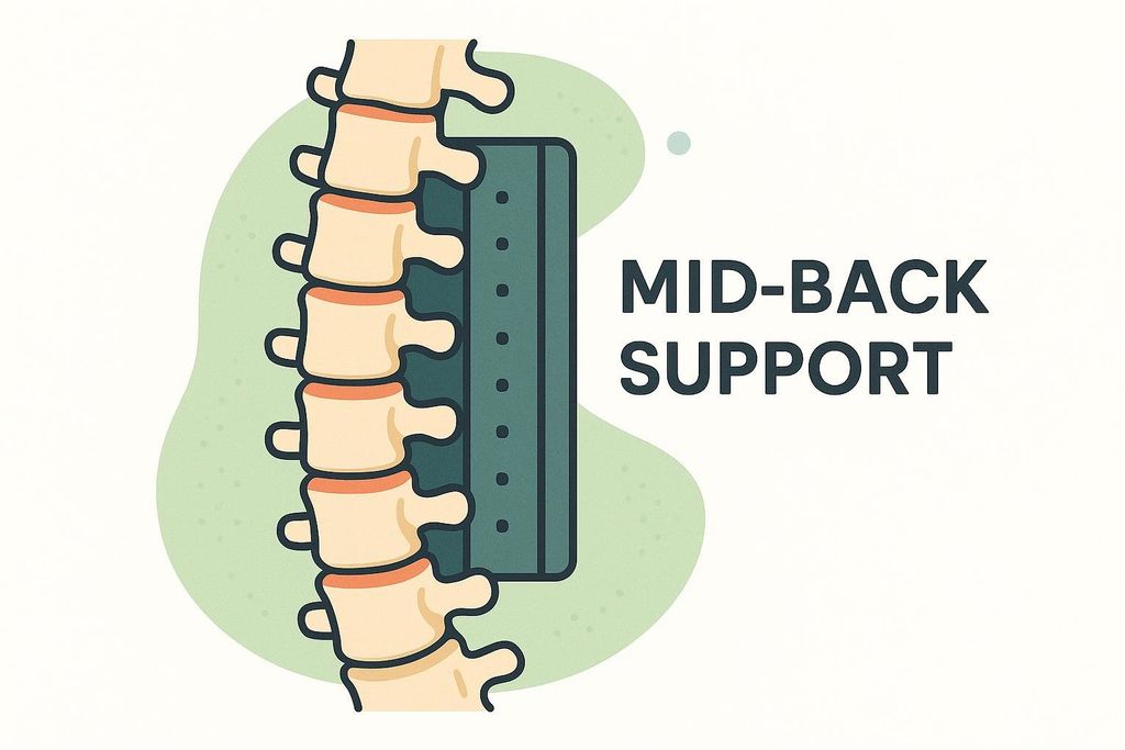 Illustration of a human spine with a rigid green brace providing mid-back support. The text 'MID-BACK SUPPORT' is prominently displayed next to it.