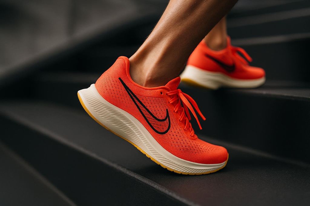 Close-up of a person's feet in bright orange Nike running shoes with a black swoosh, climbing dark stairs. The shoes have a black outline swoosh, cream-colored midsole, and yellow outsole.