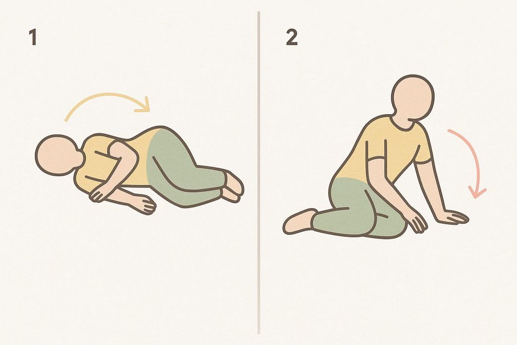 A two-panel illustration demonstrating how to safely log-roll out of bed. Panel 1 shows a person lying on their side, with an arrow indicating a log-roll movement. Panel 2 shows the person now sitting up with their hands on the floor, with an arrow indicating a downward movement.