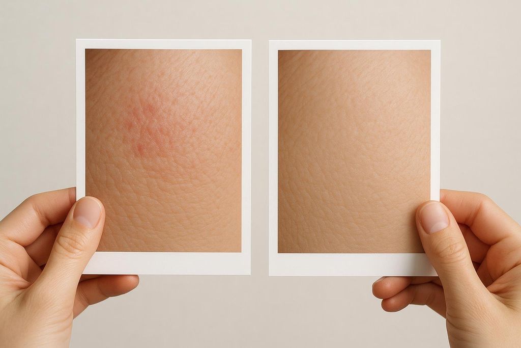 Hands holding two photographs side-by-side, demonstrating a skin condition before and after therapy. The photo on the left shows a red, inflamed patch of skin, while the photo on the right shows clear, smooth skin.